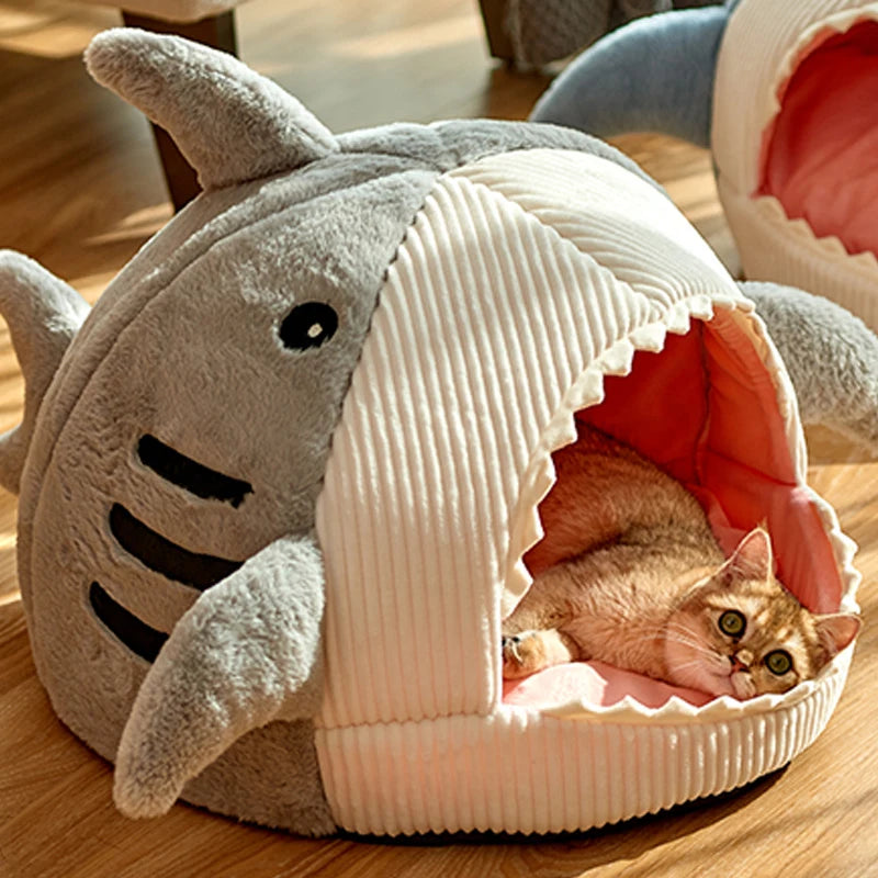 Cat lying inside a shark-shaped pet bed on a wooden floor.