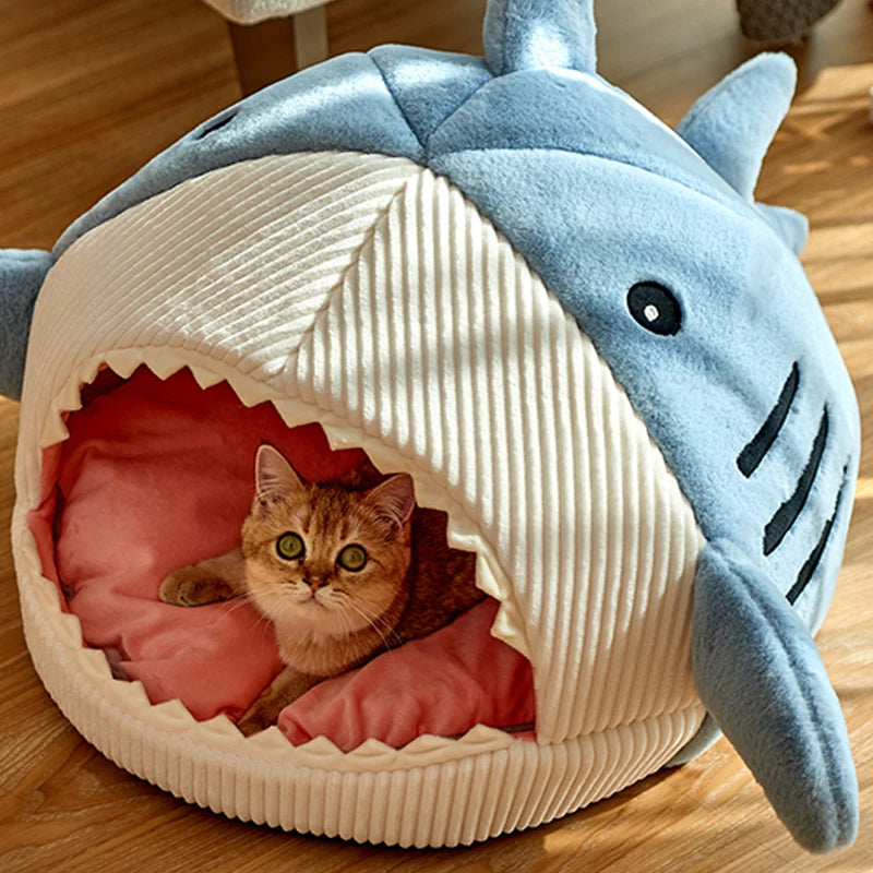 Cat lying inside a shark-shaped pet bed on a wooden floor