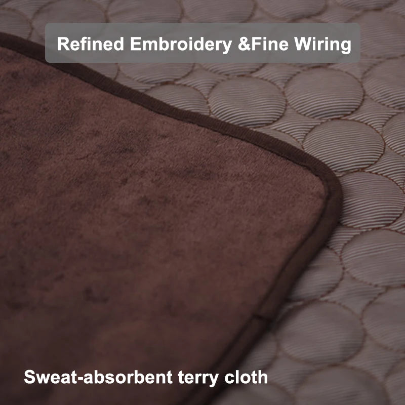 Close-up of a brown bath mat with text about embroidery, wiring, and absorbent quality.