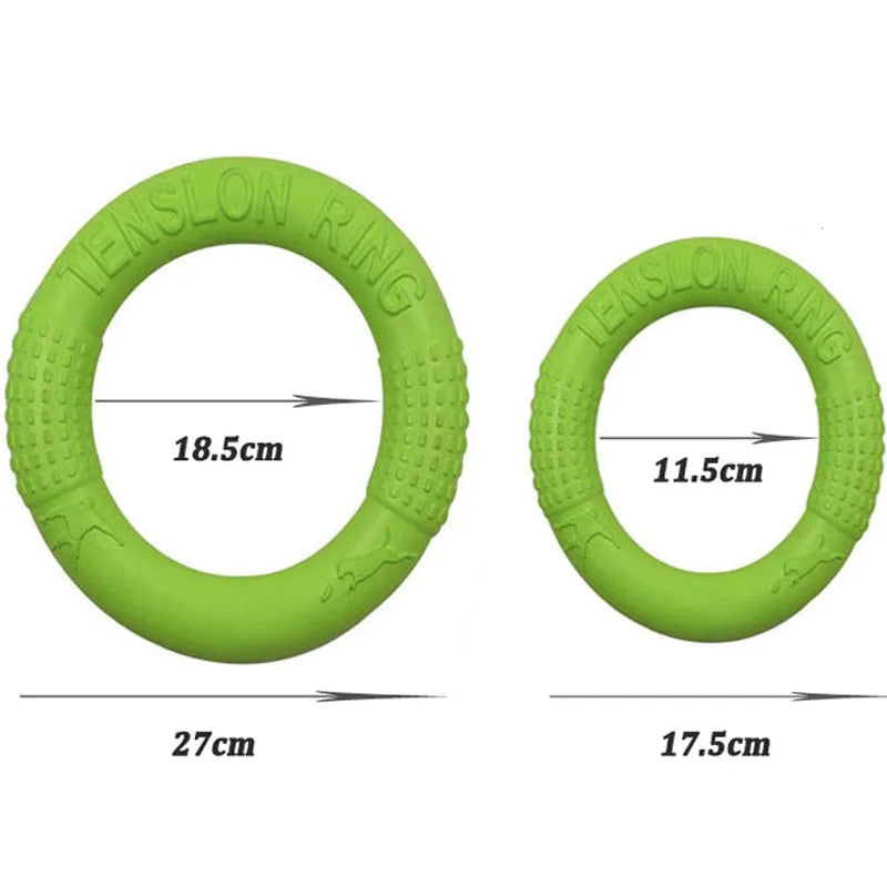 Two green EVA Dog Training Ring with measurements on a white background