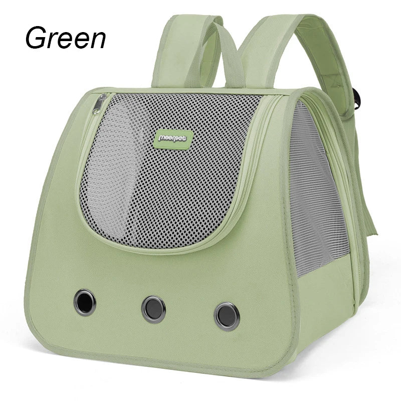 Green pet carrier backpack with mesh sides on a white background