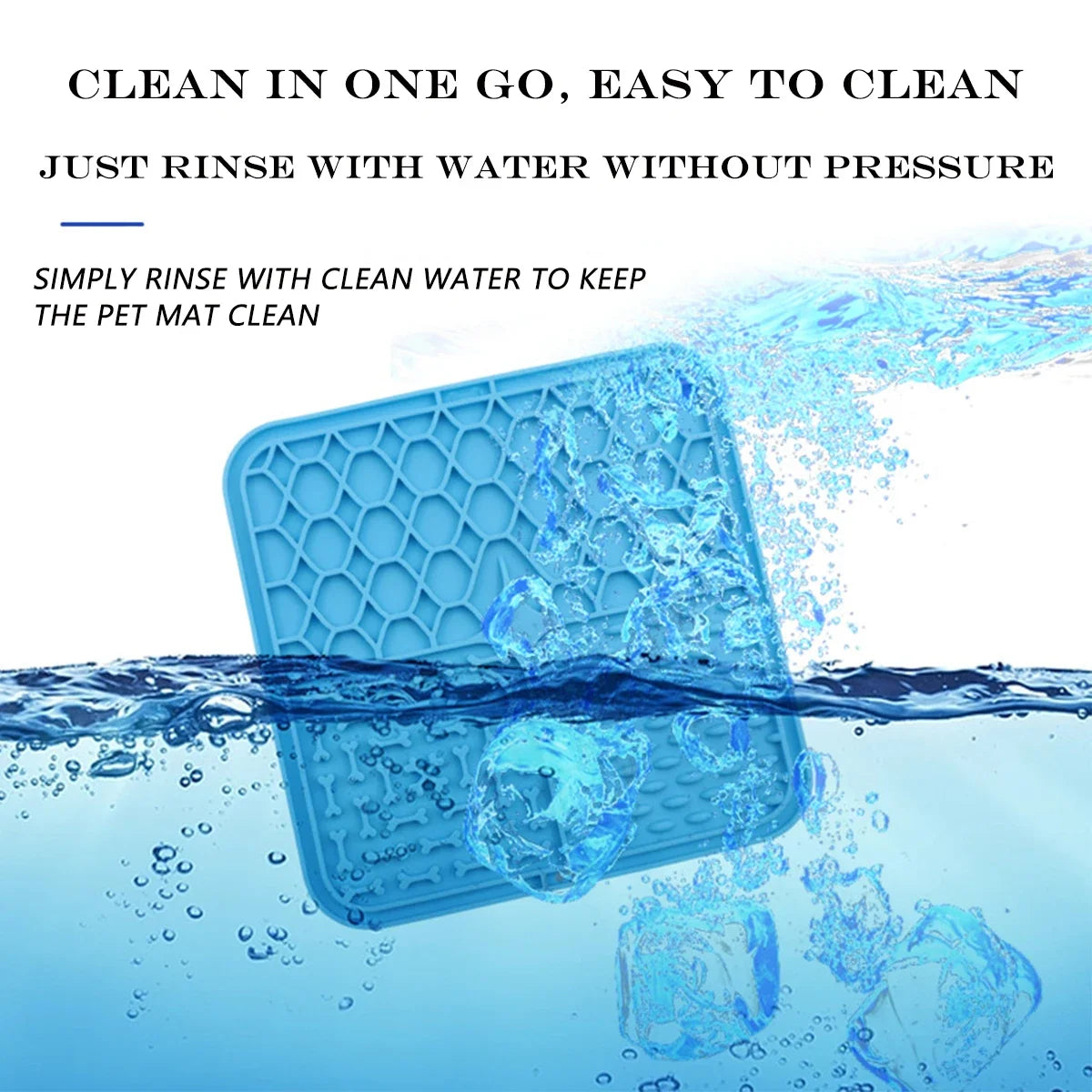 Blue pet mat being rinsed with water, text indicating ease of cleaning.