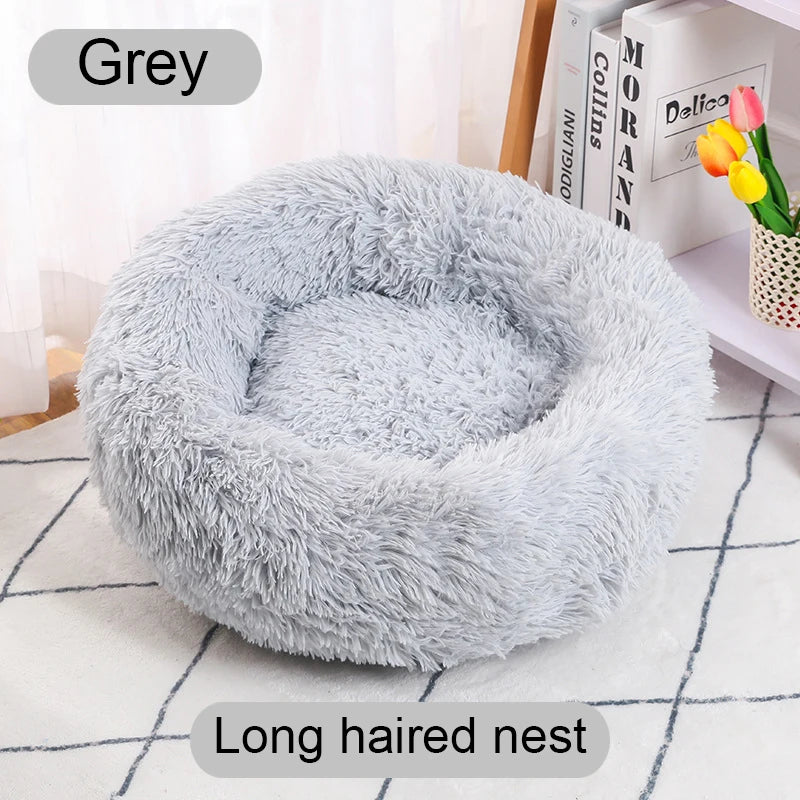 Fluffy gray pet bed on a checkered floor with books and flowers in the background
