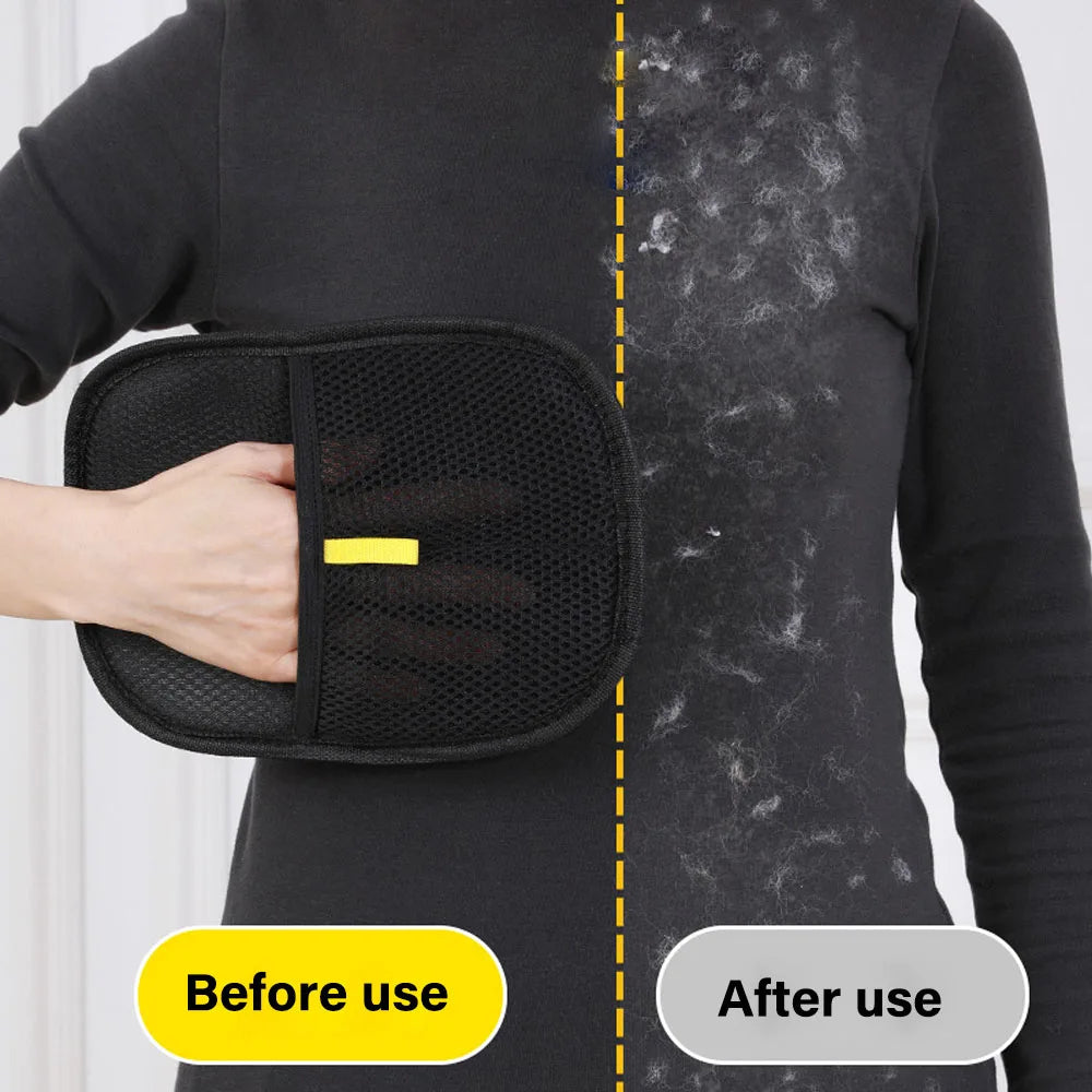 Black Pet Grooming Hair Remover held by a person with 'Before use' and 'After use' labels on a white background
