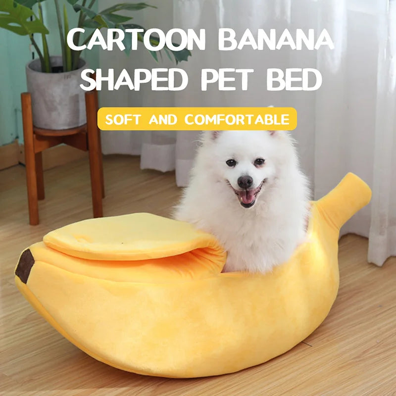 White dog in a cartoon banana-shaped pet bed with text 'Cartoon Banana Shaped Pet Bed' and 'Soft and Comfortable'.