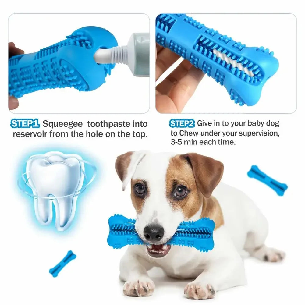 Dog toothbrush with toothpaste reservoir, steps for use, and a dog chewing on the toy.