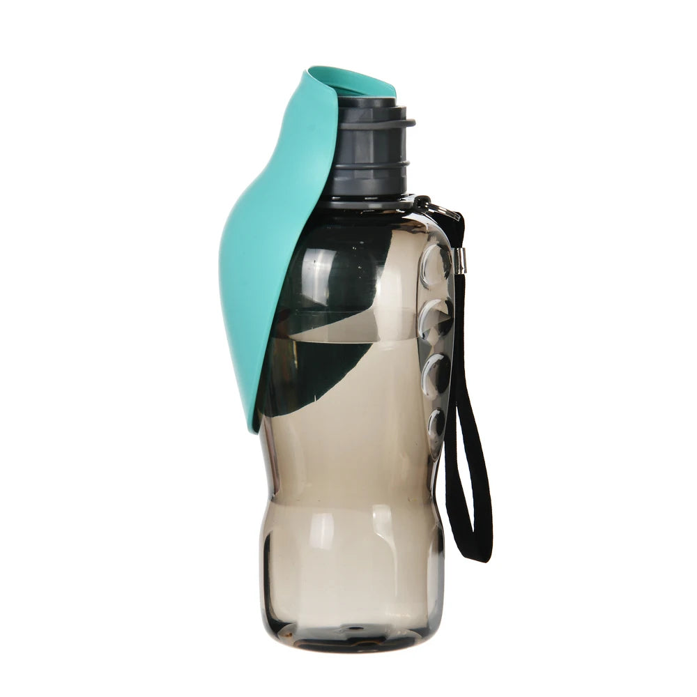 Clear portable dog water bottle with a turquoise cap and black handle on a white background