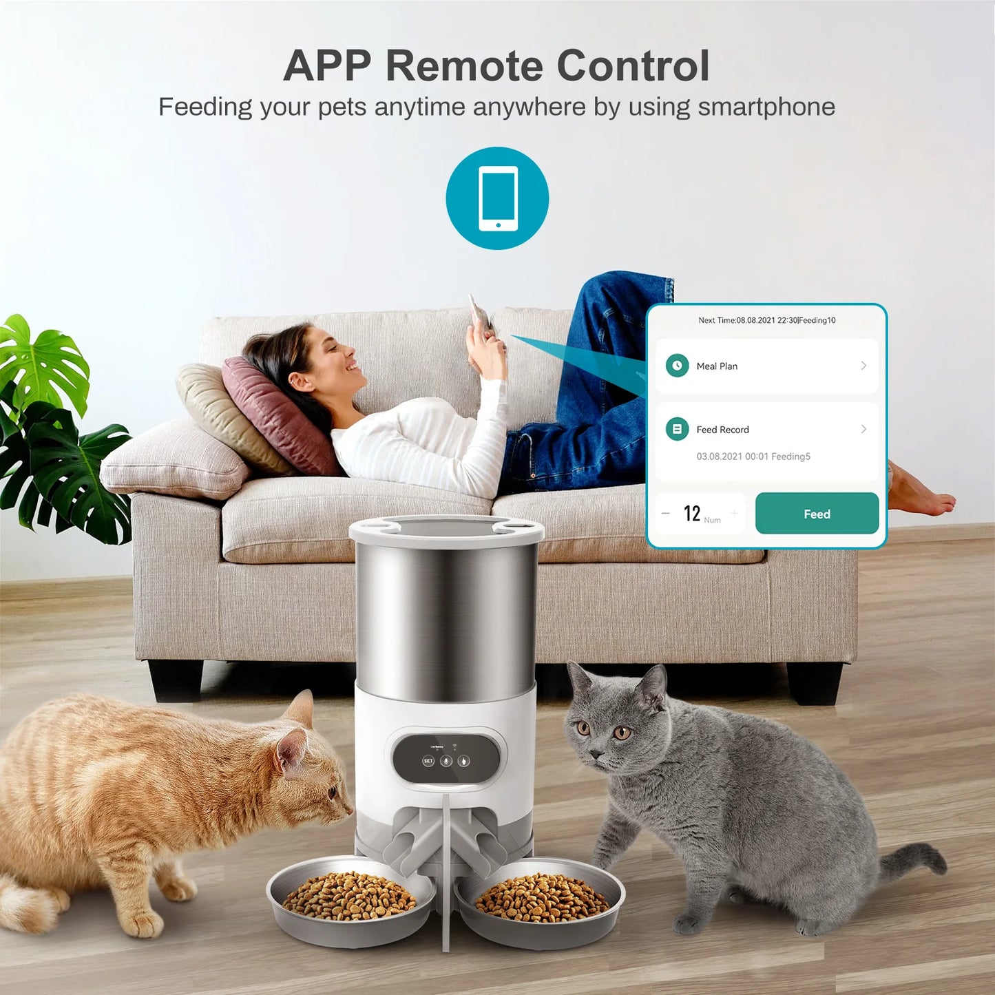 Pet feeder with two cats eating from bowls, woman using smartphone with app remote control on screen.