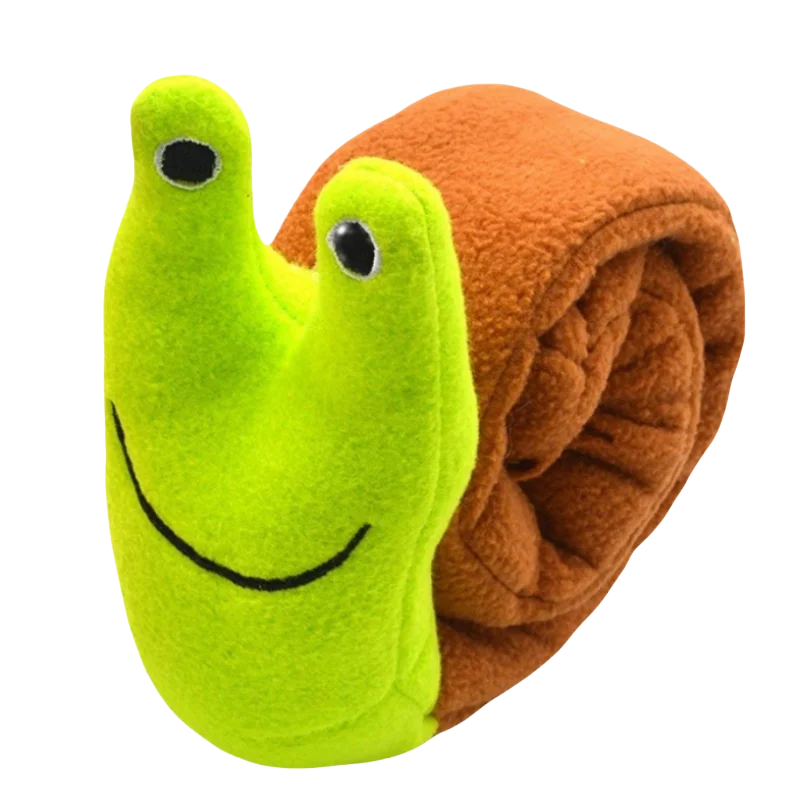 Toy snail with a green head and brown shell on a white background