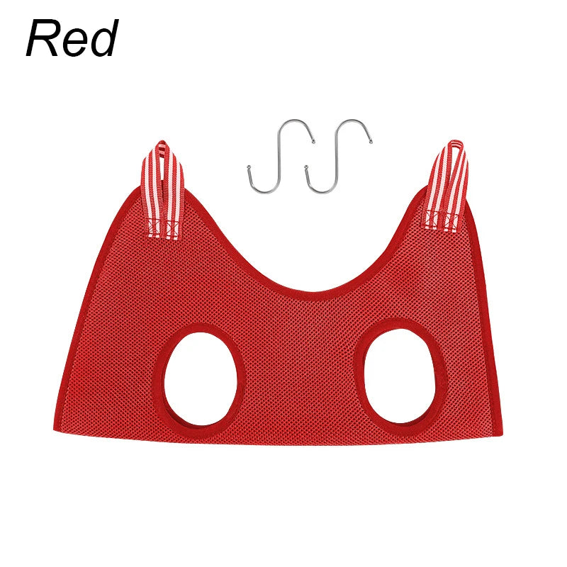 Red pet grooming hammock on a white background