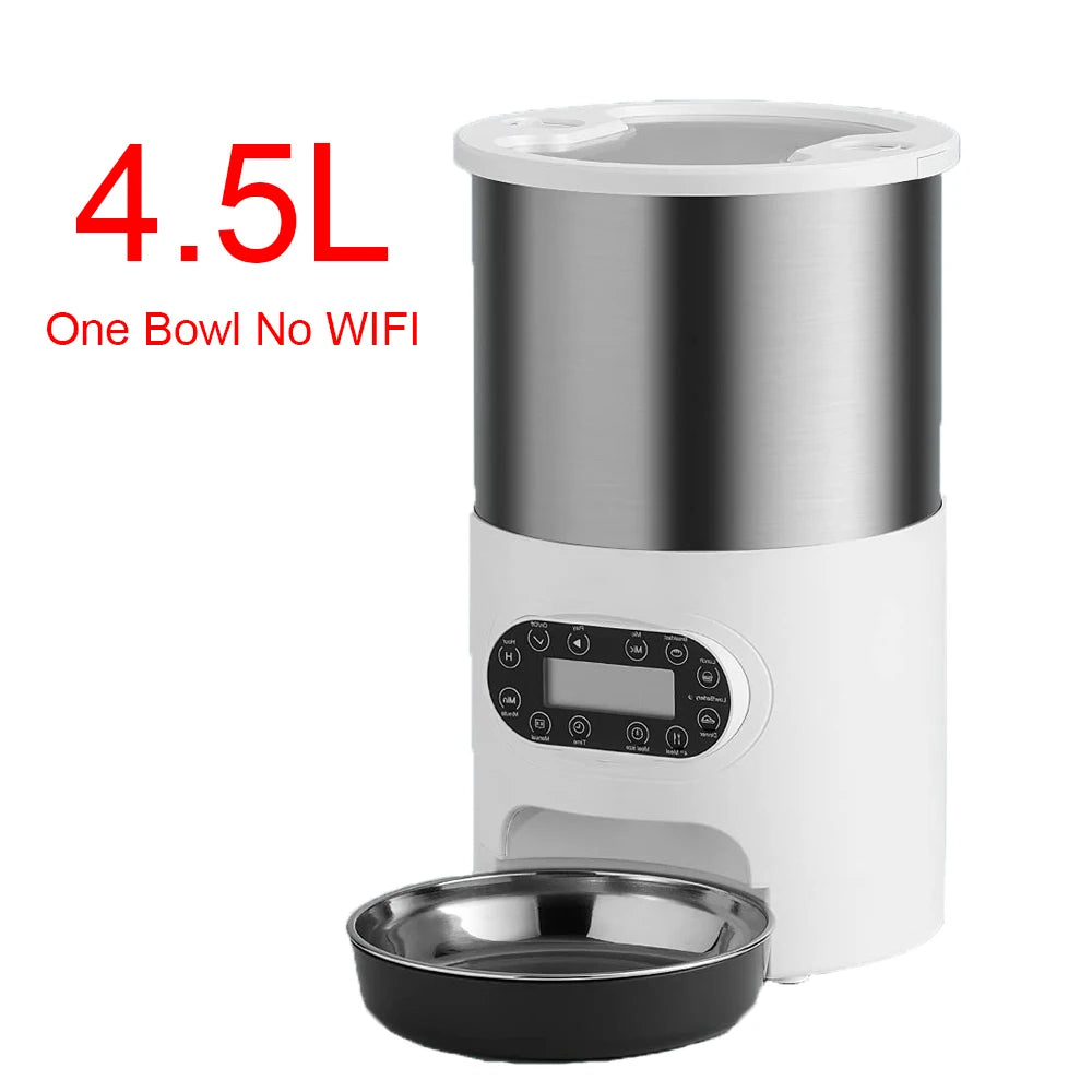 White and silver pet feeder with digital display on a white background