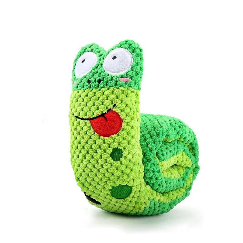 Green crocheted toy snake with a red mouth on a white background
