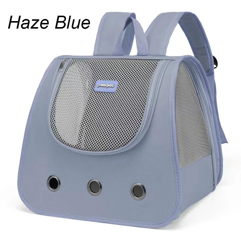 Haze blue pet carrier backpack with mesh sides on a white background