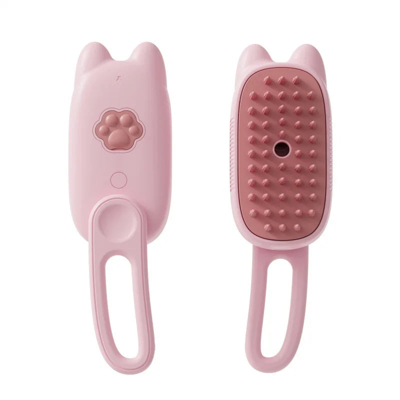 Pink pet grooming brush with a paw design on a white background