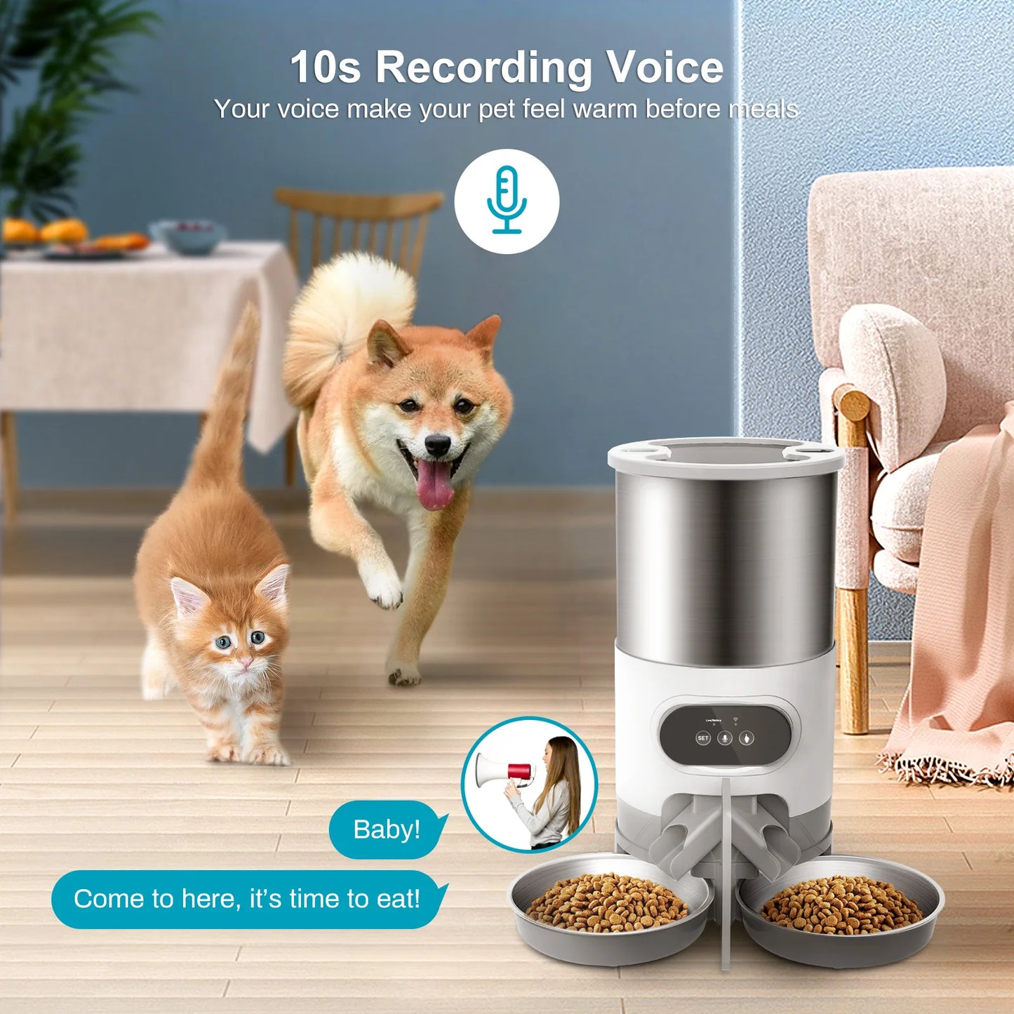 Pet feeder with voice control feature in a home setting with a cat and dog.