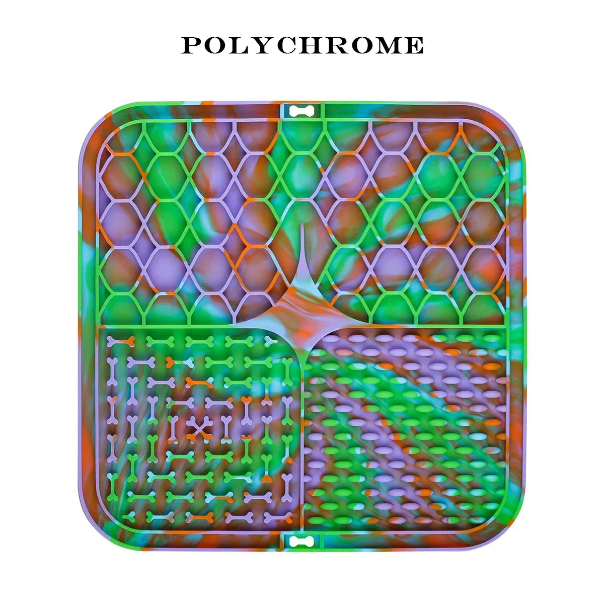 Colorful geometric patterned silicone mat with 'Polychrome' branding on a white background