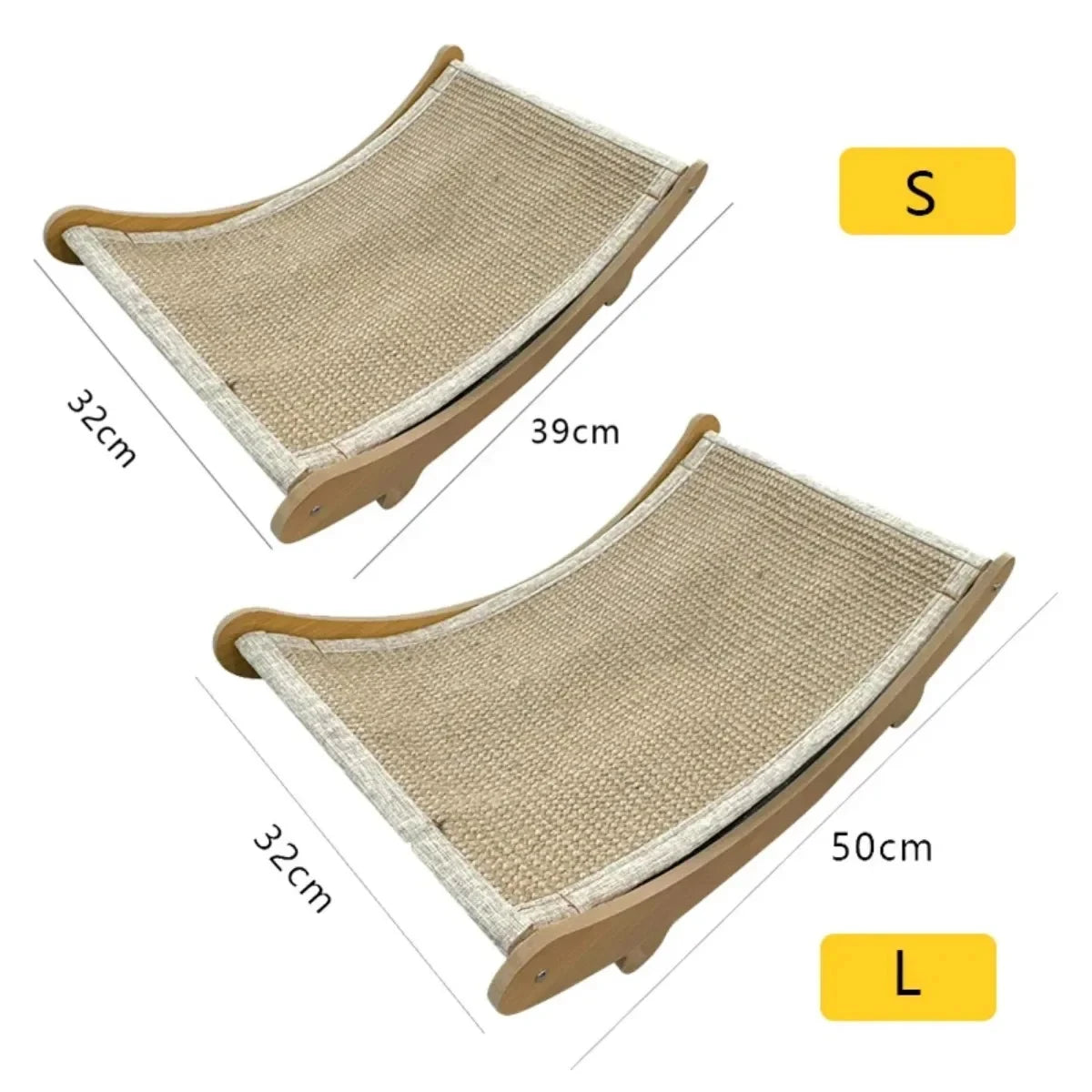 Two sizes of a cat scratcher with dimensions labeled on a white background.