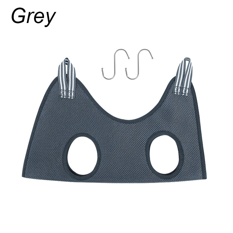 Gray pet grooming hammock on a white background