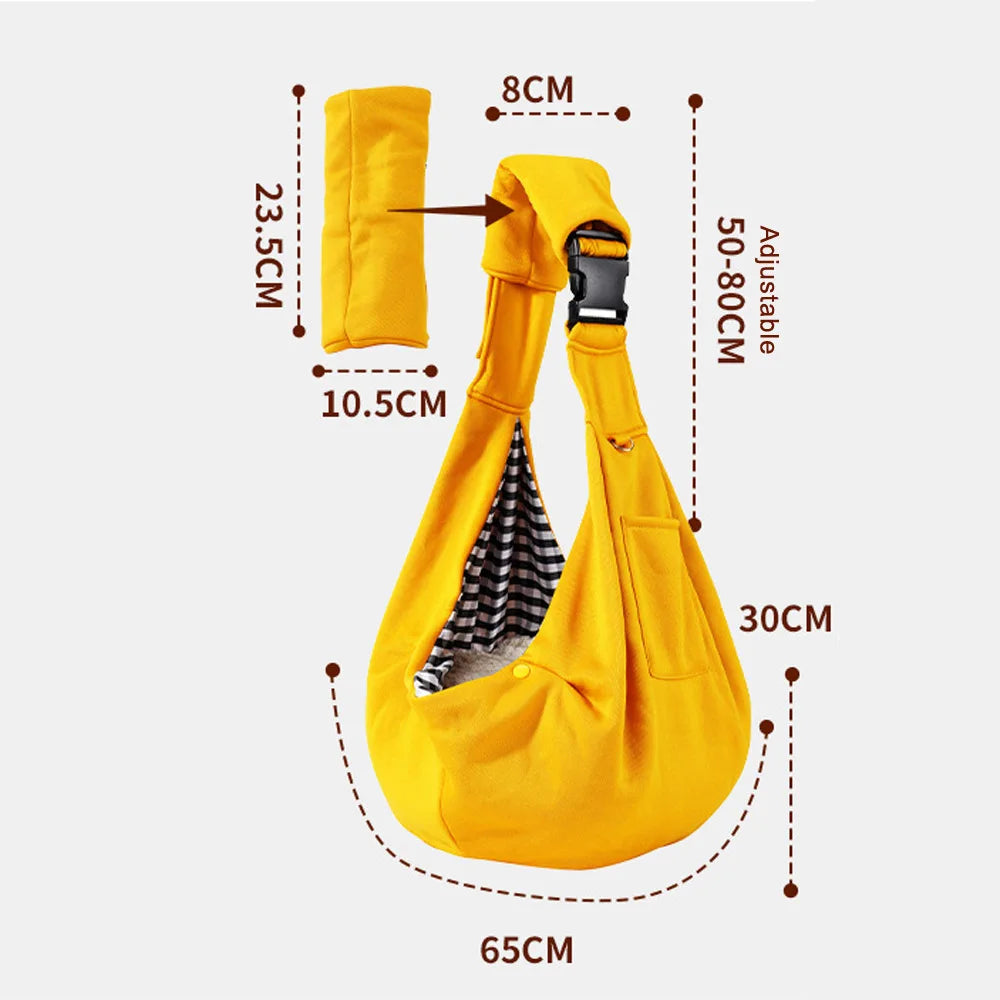 Yellow dog sling with measurements on a white background