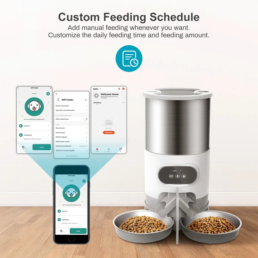 Smart pet feeder with bowls of food and smartphone displaying app interface on a light background
