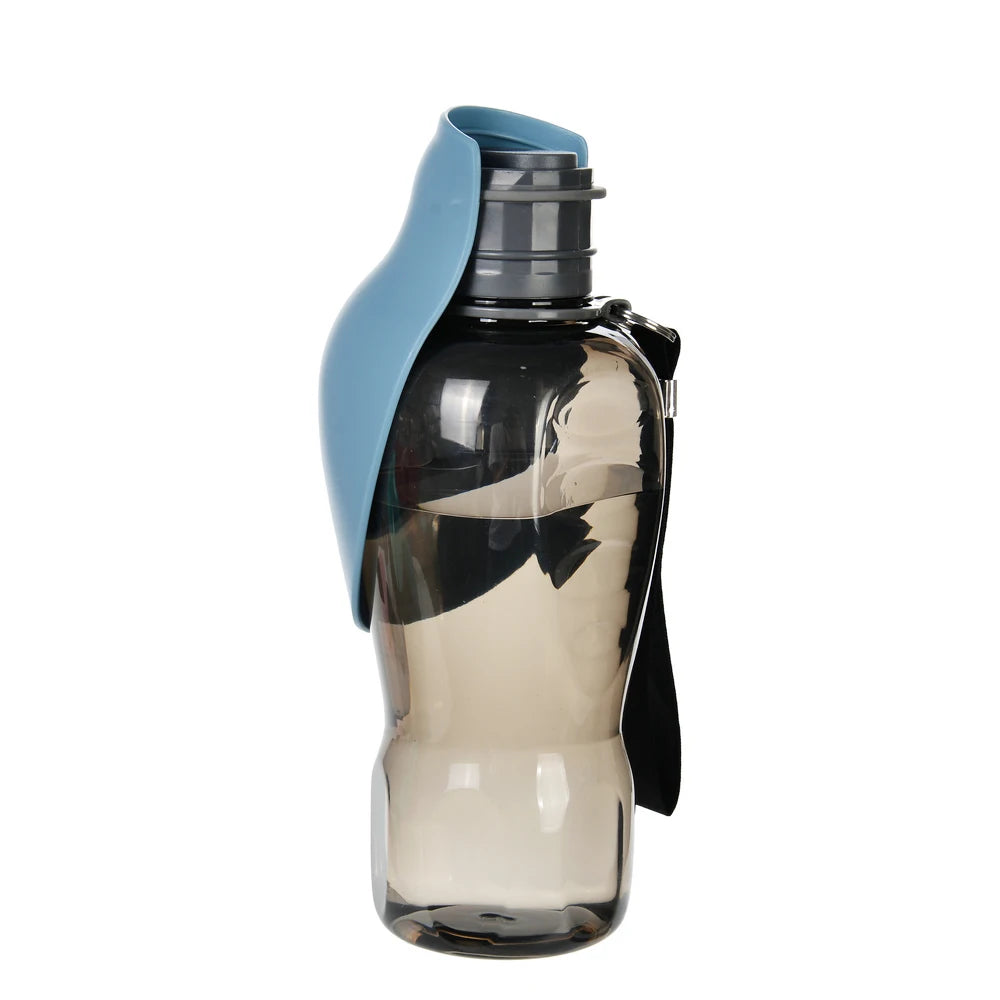 Clear portable dog water bottle with a blue cap on a white background