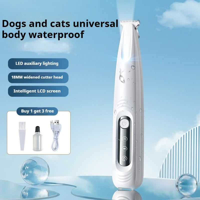 White Dog Paw Trimmer with features highlighted on a blue background