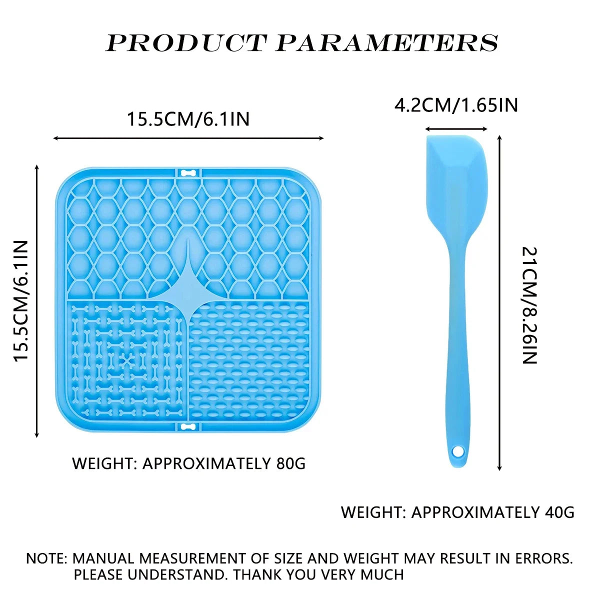 Blue silicone mat and spatula with measurements on a white background