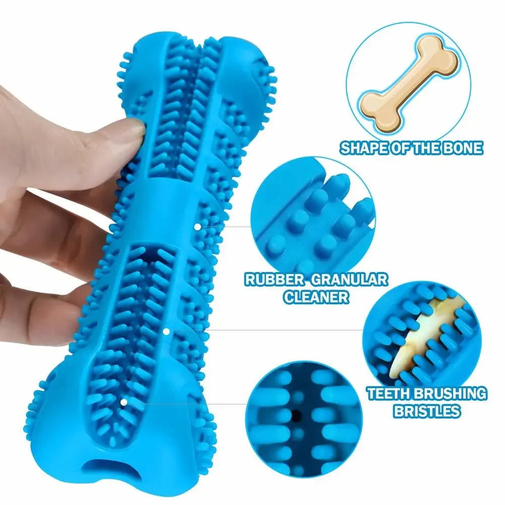 Blue dog toy with features highlighted on a white background