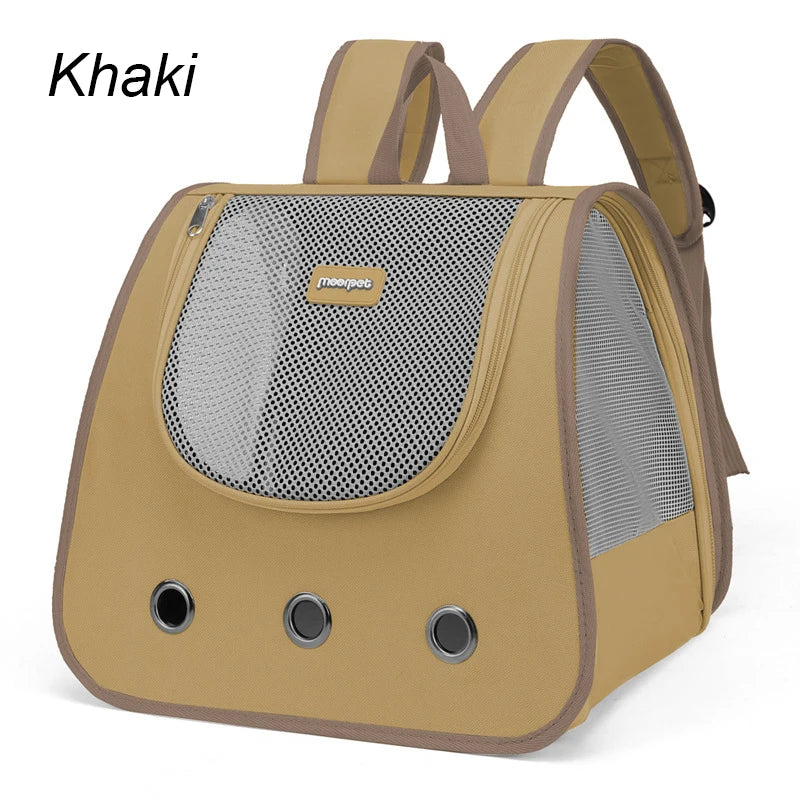 Khaki pet carrier backpack with gray mesh sides on a white background