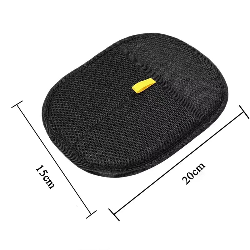 Black Pet Grooming Gloves with yellow label and dimensions on a white background