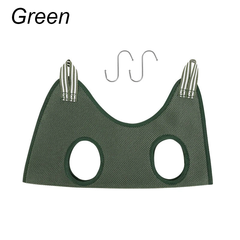 Green pet grooming hammock on a white background