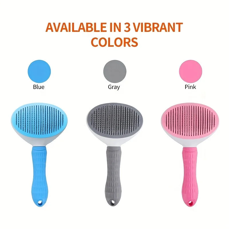 Three pet grooming brushes in blue, gray, and pink with color swatches above them on a white background.