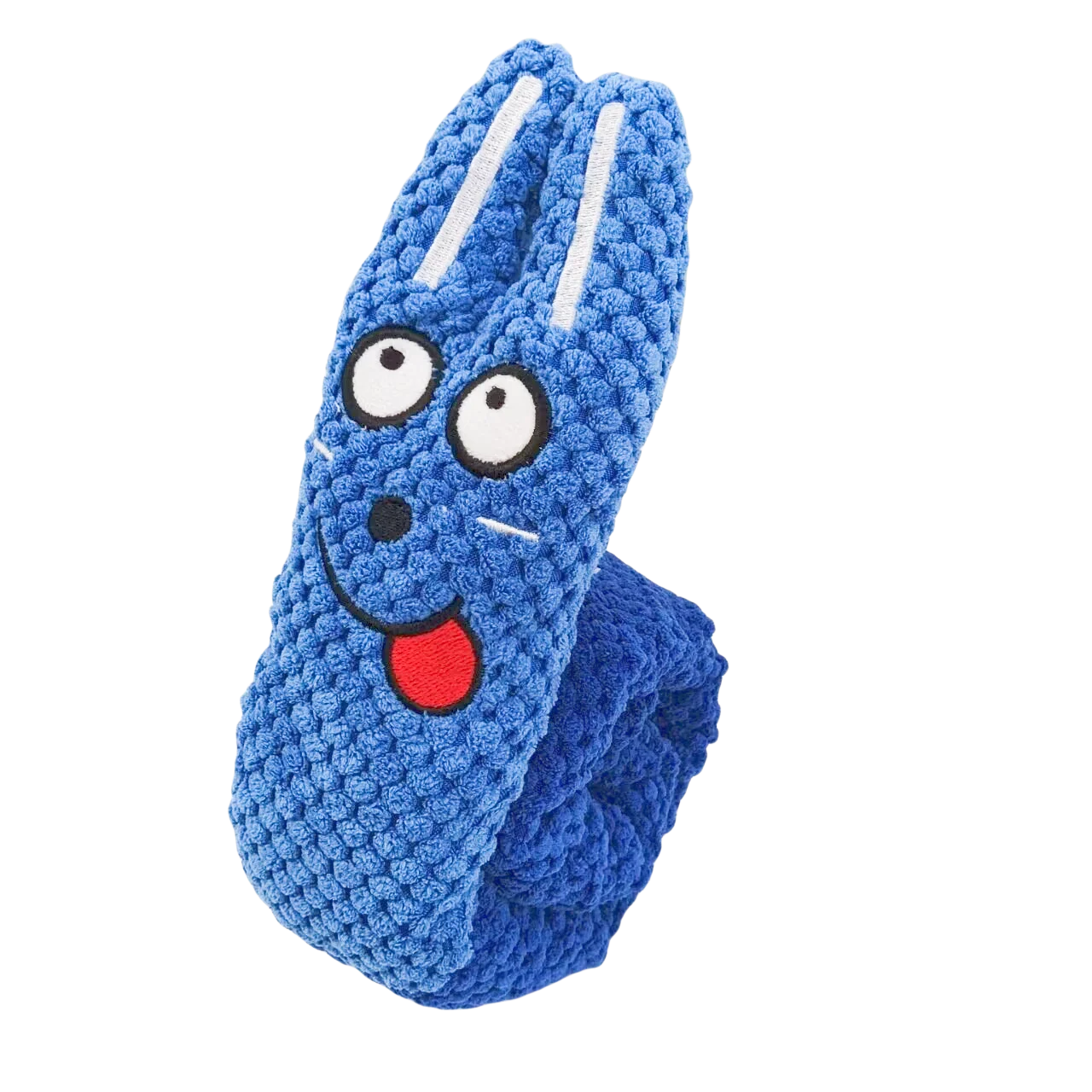 Blue textured dog toy with a face on a white background