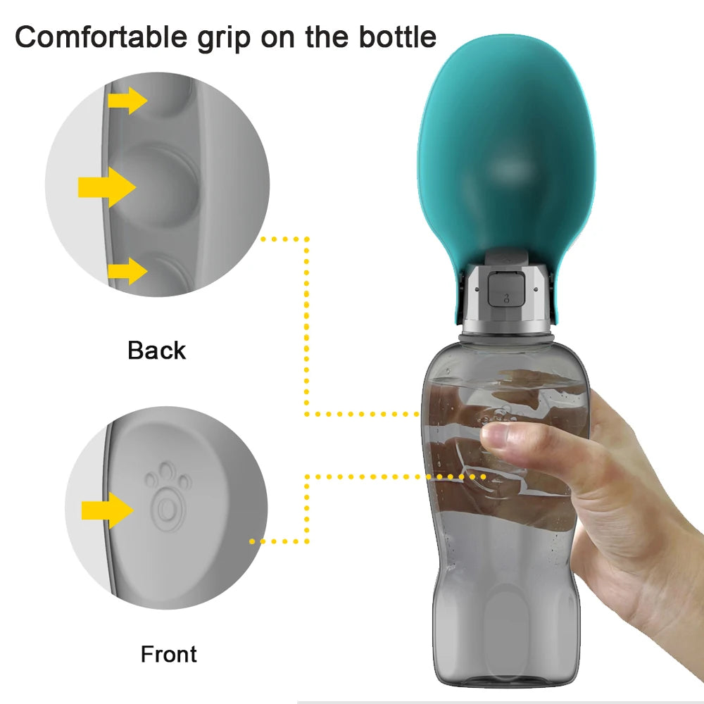 portable dog water bottle with ergonomic design features highlighted on a white background