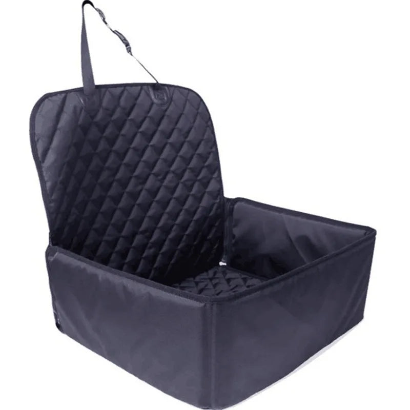 Black quilted car seat cover with storage bin on a white background