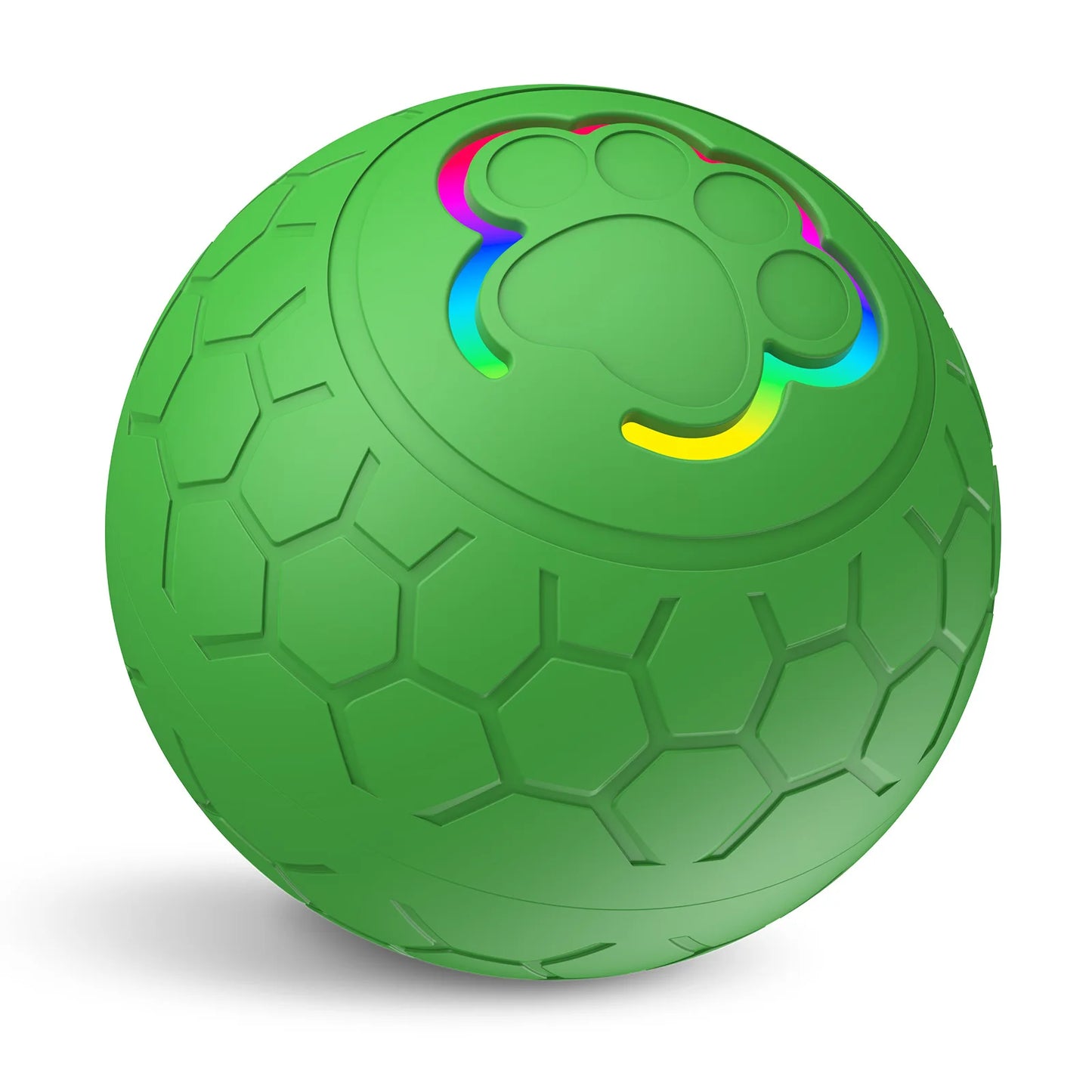 Green ball with a colorful paw print design on a white background