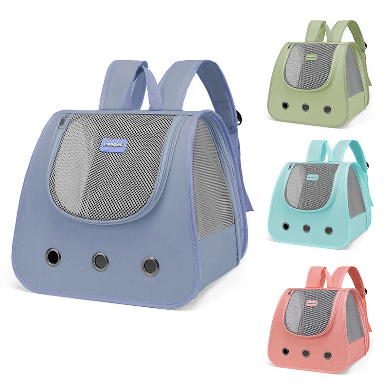 Pet carrier backpacks in various colors on a white background