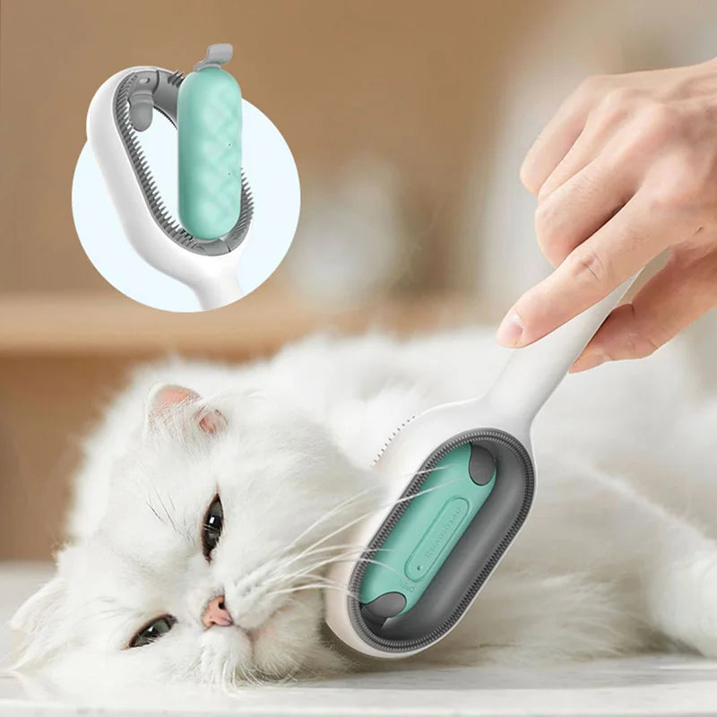Pet grooming brush being used on a white cat with a close-up of the brush's head.