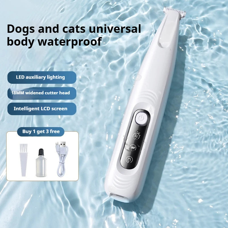 White Dog Paw Trimmer with text on a water background