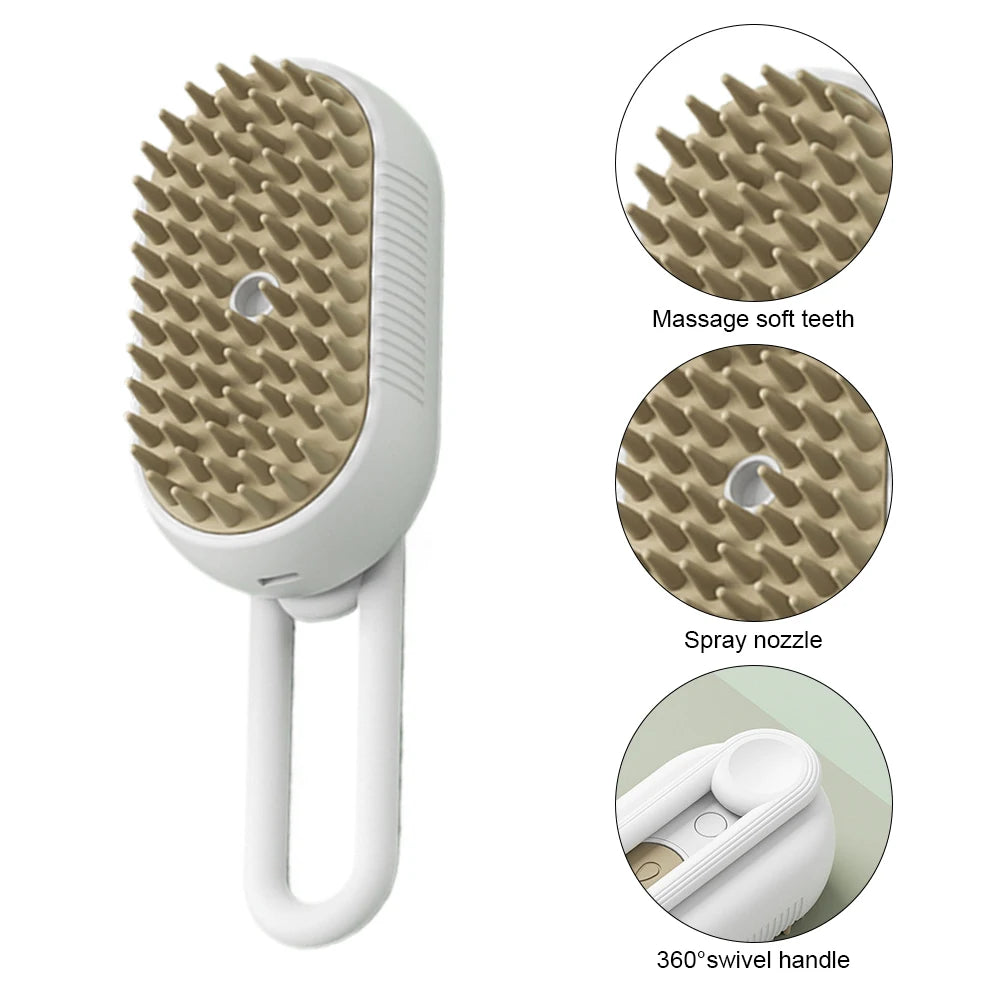 Pet grooming tool with massage soft teeth, spray nozzle, and 360-degree swivel handle on a white background.