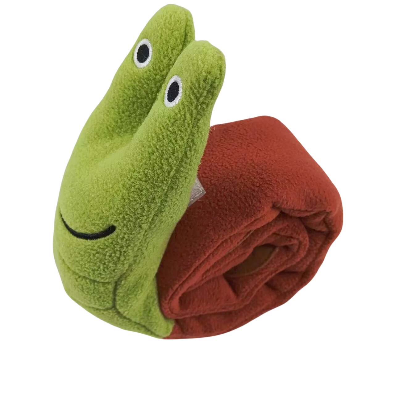 Green plush toy with a face and a red blanket on a white background