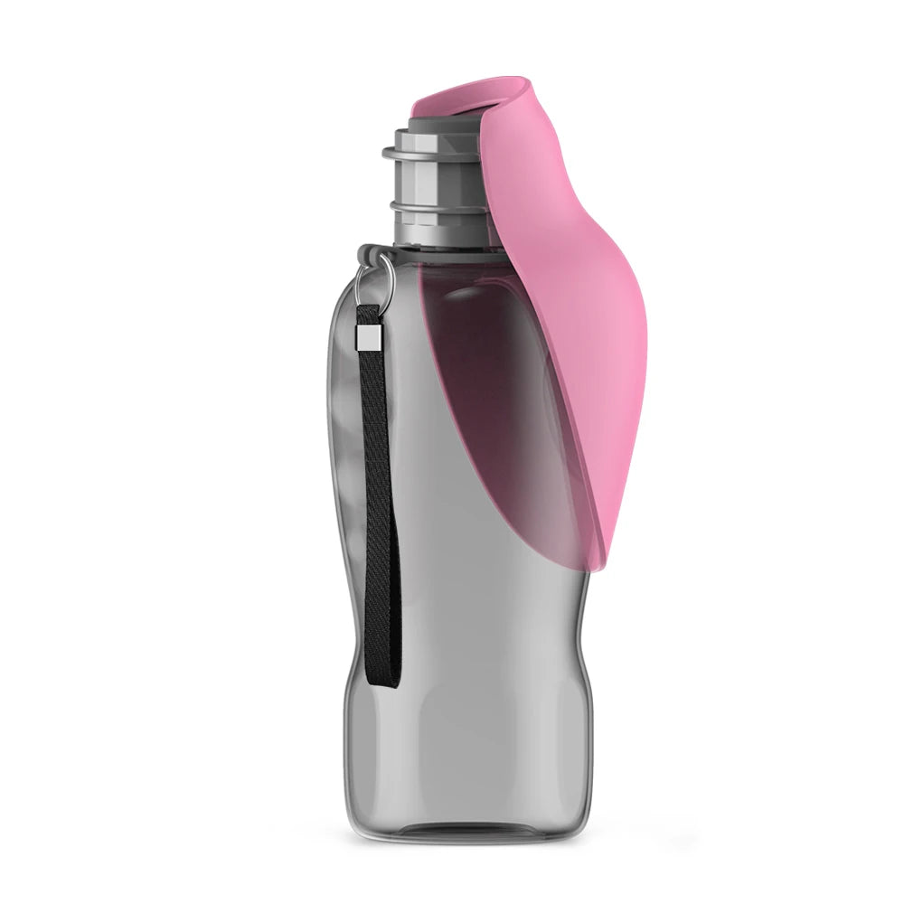 Clear portable dog water bottle with pink cap on a white background
