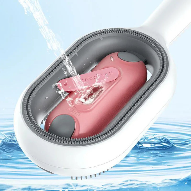 Pink and gray pet hair removal comb with water flowing over it against a blue water background