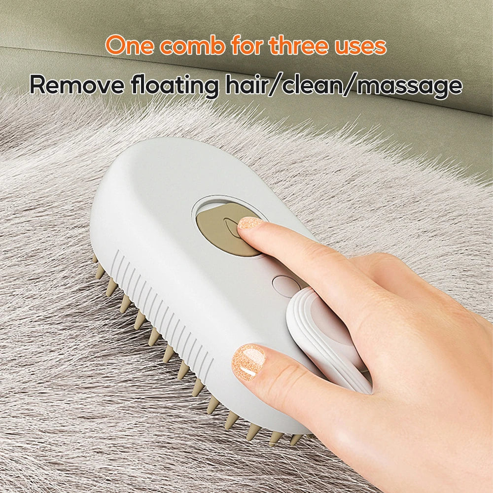 Hand using a multi-purpose brush on fur with text indicating its uses.