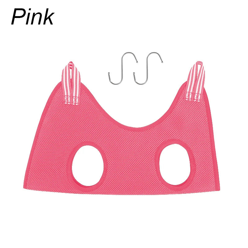 Pink pet grooming hammock on a white background