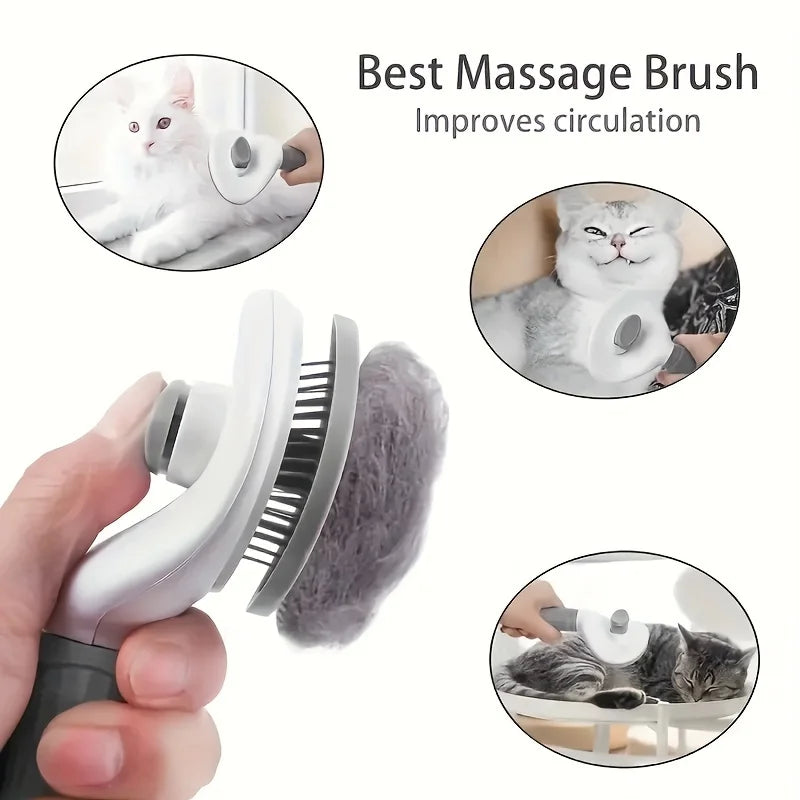 Massage brush with a hand holding it, shown on a white background with images of cats using the brush.