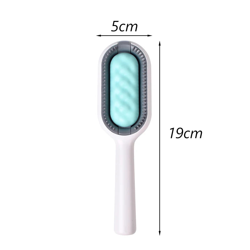 Handheld pet hair removal comb with measurement details on a white background
