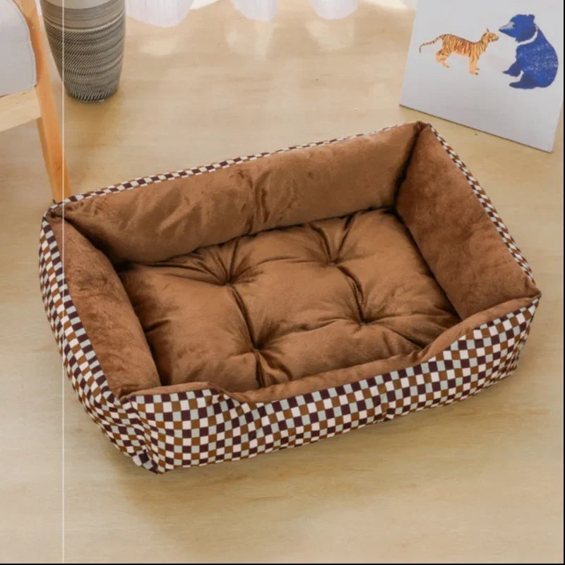Brown pet bed with checkered pattern on a wooden floor