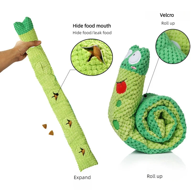 Green snake-shaped toy with features highlighted on a white background
