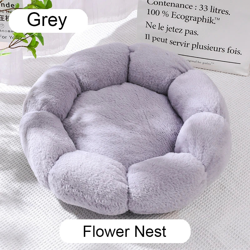 Fluffy gray pet bed labeled 'Flower Nest' on a light background